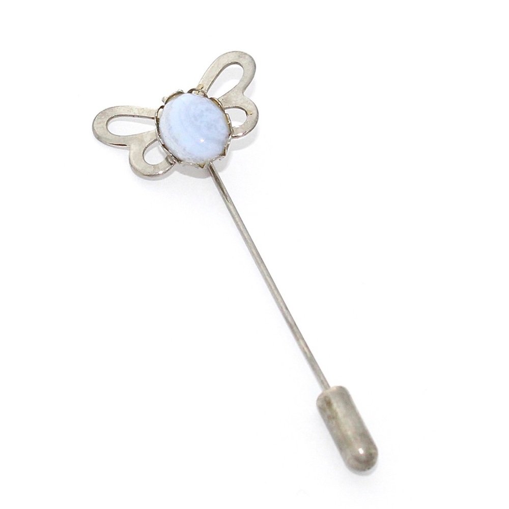 Vintage Blue Lace Agate Butterfly Stick Pin Oval Chalcedony Cabochon Silver Tone